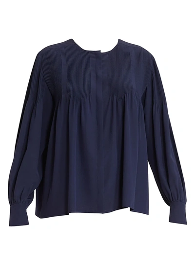 Chloé Women's Pleated Long Sleeve Silk Blouse In Evening Blue