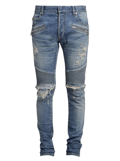 Balmain Men's Slim-fit Veins Light Jeans In Blue