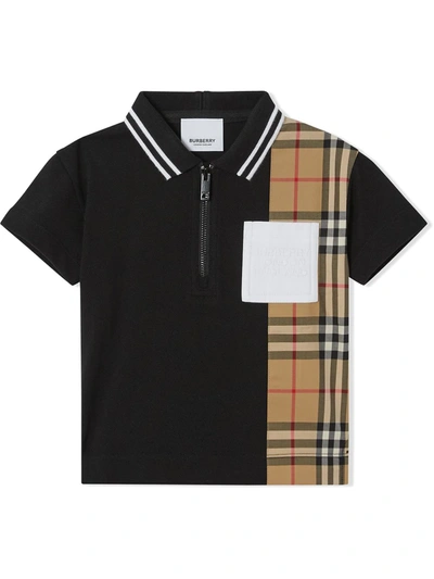 Burberry Babies' Vintage Check Panel Zip-front Polo Shirt In Black