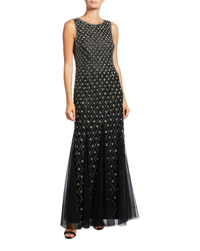 Aidan Mattox Fully Beaded Sleeveless Godet Column Gown In Black