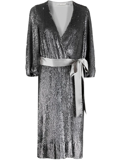 Alice And Olivia Anne Satin-trimmed Sequined Crepe De Chine Wrap Midi Dress In Silver