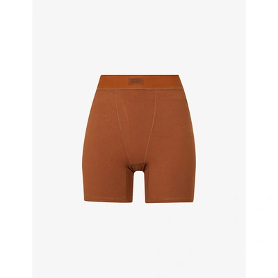 Skims Womens Copper Sleep Ribbed High-rise Stretch-woven Boxers Xl