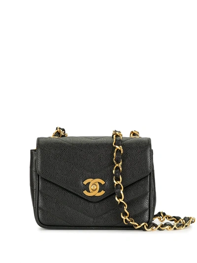Pre-owned Chanel 1995 Chevron Quilt Chain Crossbody Bag In Black