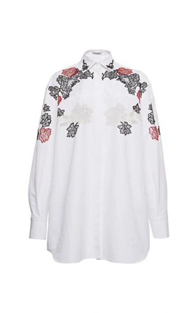 Valentino Oversized Floral-embroidered Cotton Shirt In White