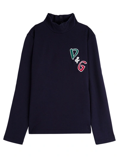 Dolce & Gabbana Kids' Cotton Sweater With Logo Patch In Blu