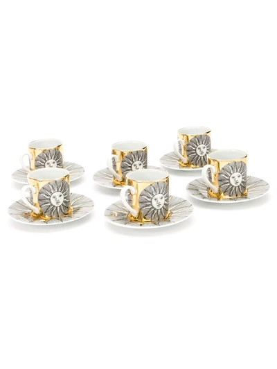 Fornasetti Set Of 6 Sole Expresso Cups In White/black/gold