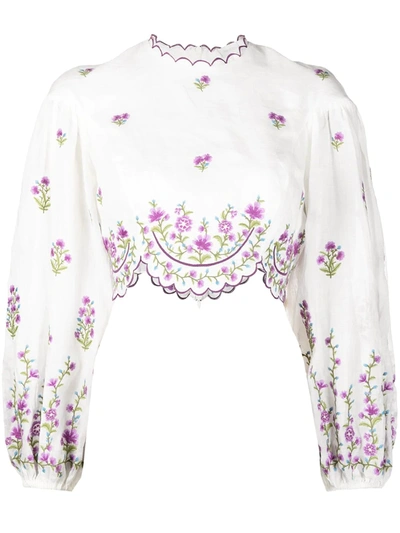 Zimmermann Floral Embroidered Cropped Blouse In White