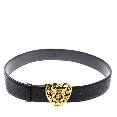 Pre-owned Gucci Black Leather Heart Crest Buckle Belt 90cm