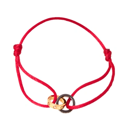 Pre-owned Cartier Love Diamond 18k Rose Gold & Ceramic Rings Red Cord Bracelet