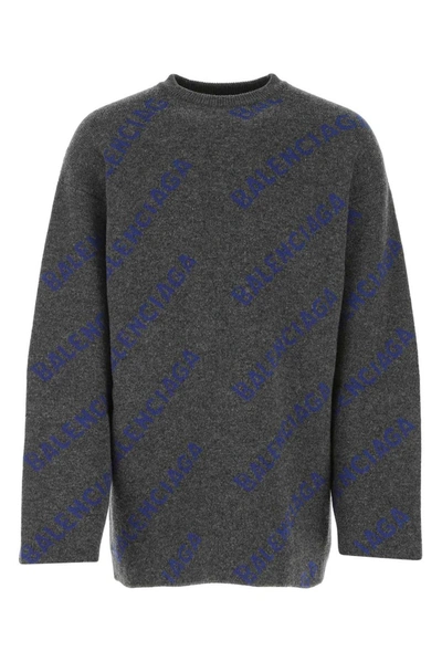 Balenciaga All-over Logo Oversized Wool Sweater In Grey