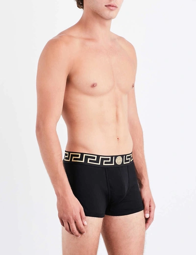 Versace Iconic Slim-fit Branded Stretch-cotton Trunks In Black Gold
