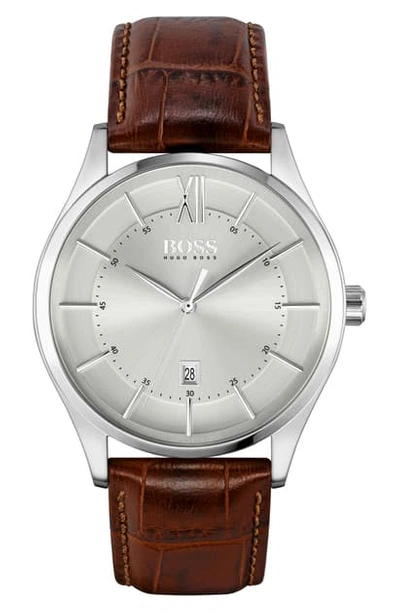 Hugo Boss Distinction Leather Strap Watch, 43mm In Brown/ Silver White/ Silver