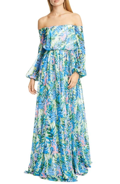 Badgley Mischka Floral Print Off The Shoulder Blouson Gown In White Multi