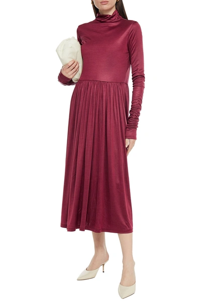 Joseph Gathered Satin-jersey Turtleneck Midi Dress In Burgundy