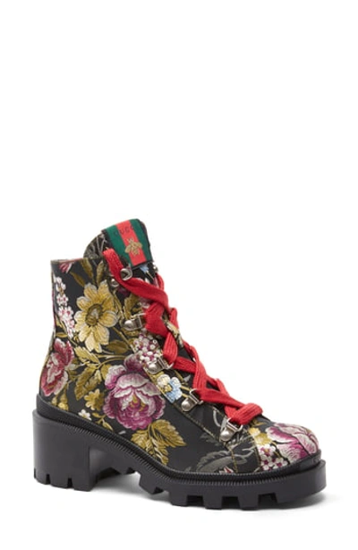 Gucci Trip Jacquard Lace Up Hiking Booties In Black Multi
