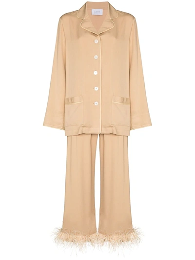 Sleeper Party Feather-trimmed Crepe De Chine Pyjama Set In Neutrals