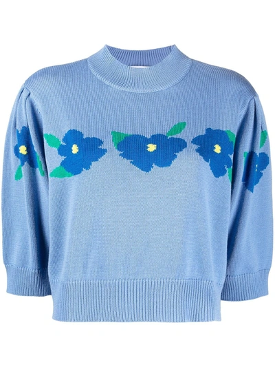 Rixo London Nell Cropped Intarsia Cotton Sweater In Blue