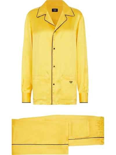 Fendi Contrast-piping Silk Pajama Set In Yellow