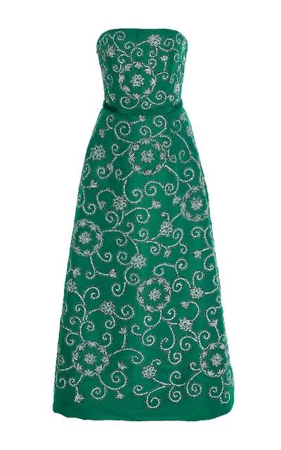 Oscar De La Renta Strapless Embellished Cocktail Dress In Green
