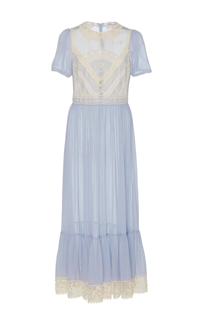 Red Valentino Silk Georgette Maxi Dress With Macramé Ribbon In Blue