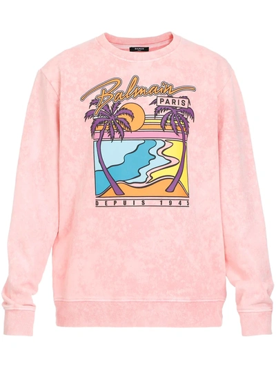 Balmain Palm Tree Logo Print Sweatshirt, Rose Pink In Pink