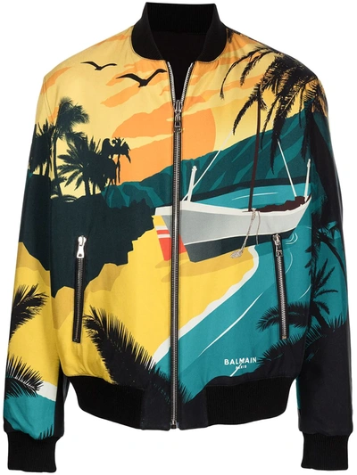 Balmain Reversible Tropical Print Bomber Jacket In Multicolor
