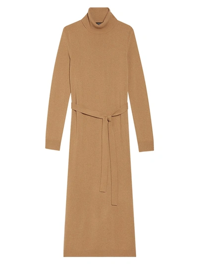 Theory Belted Cashmere Midi Turtleneck Dress In Creme Brulee