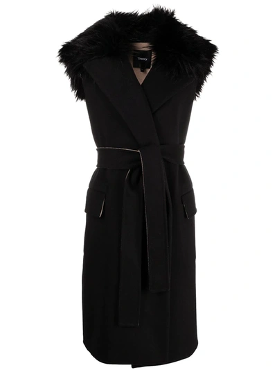 Theory Faux Fur Collar Belted Double Face Wool-cashmere Blend Vest In Black