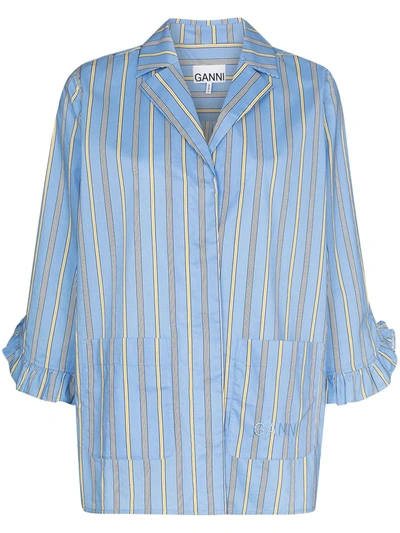 Ganni Software Striped Cotton Pyjama Shirt In Blau