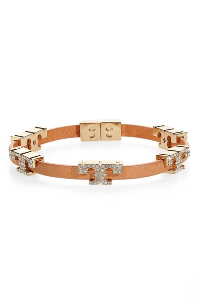 Tory Burch Pave Serif T Stackable Bracelet In Tory Gold / Vachetta / Crystal