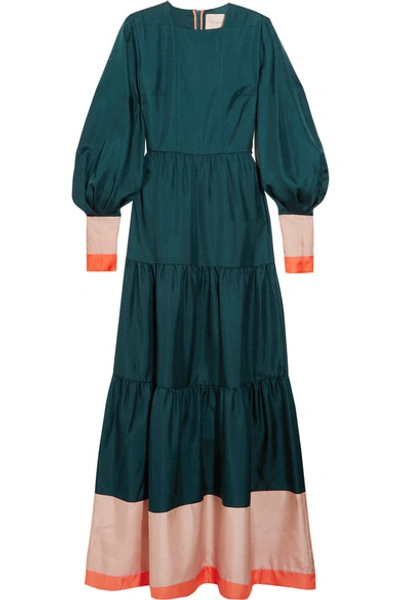 Roksanda Letava Square-neck Tiered-skirt Silk Dress In Dark Teal-green