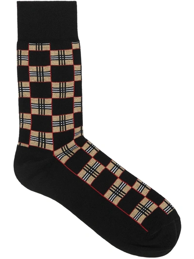 Burberry Chequer Pattern Socks In Black