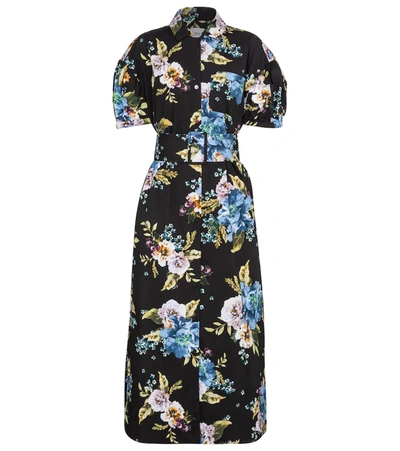 Erdem Frederick Belted Floral-print Cotton-poplin Midi Shirt Dress In Black