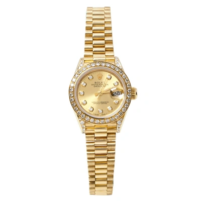 Pre-owned Rolex Champagne 18k Yellow Gold Diamond Datejust 69158 Women's Watch 26 Mm