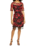 Zzdnu Shani Sequin Floral Embroidered Sheath Dress In Black/red