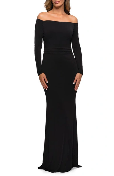 La Femme Long Sleeve Off The Shoulder Jersey Evening Gown In Black