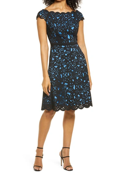 Zzdnu Shani Laser Cut Floral Off The Shoulder Fit & Flare Cocktail Dress In Black/ Blue