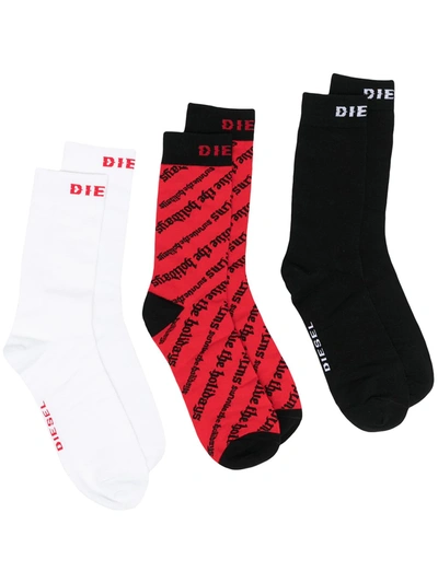 Diesel Pack Of 3 Logo Print Socks In Red