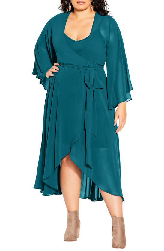 City Chic Fleetwood Long Sleeve Wrap Maxi Dress In Teal | ModeSens