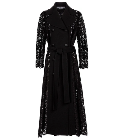 Dolce & Gabbana Double Breasted Lace-panel Trench Coat In Black