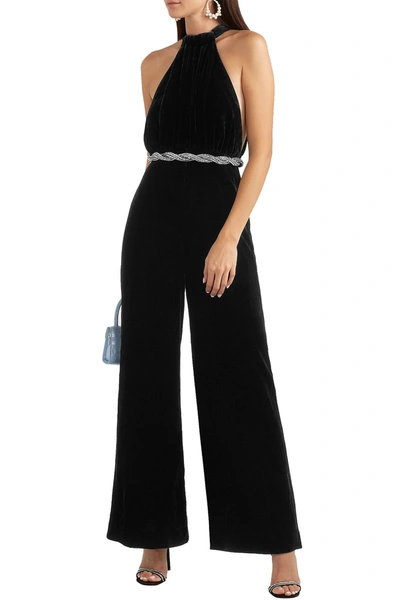 Rotate Birger Christensen Tie-neck Velvet Wide-leg Jumpsuit In Black