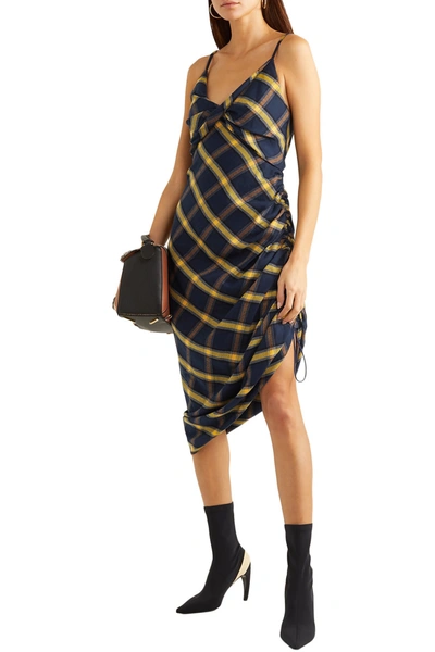 Monse Asymmetric Ruched Checked Brushed-cotton Midi Dress In Blue