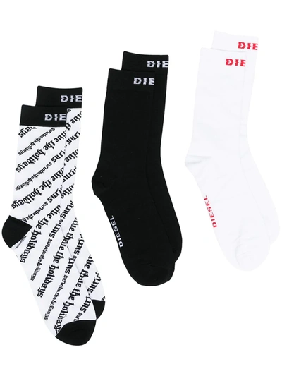 Diesel 3 Pack Socks With Text Logo In White/black-multi