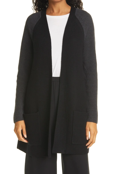 Eileen Fisher Colorblocked Ribbed Raglan Cardigan Sweater In Black/charcoal