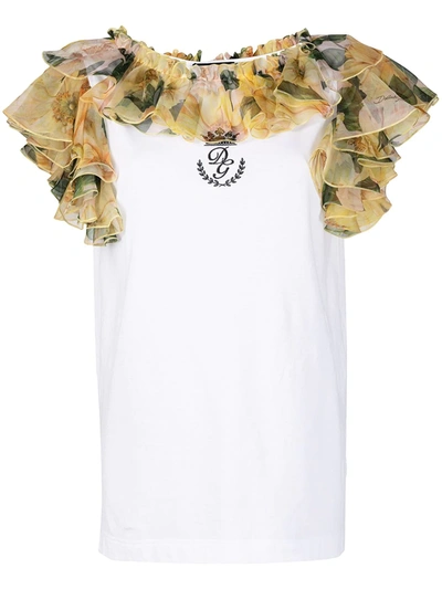 Dolce & Gabbana Camellias Print Silk Volants Cotton Top In Bianco Ottico