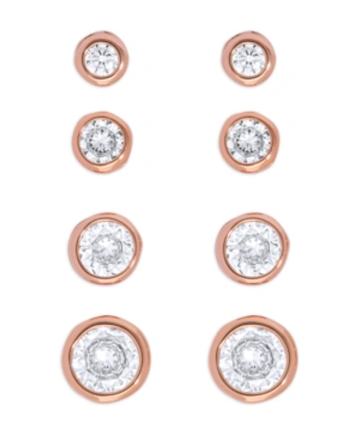 Macy's Rose Gold Plated 4-pair Cubic Zirconia Graduated Bezel Earrings Set In Silver