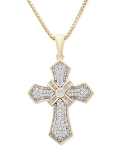 Macy's Men's Diamond Cross 22" Pendant Necklace (1 Ct. T.w.) In 14k Gold-plated Sterling Silver In Gold Over Silver