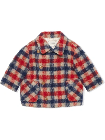 Gucci Babies' Double-breasted Checked Coat In Blue