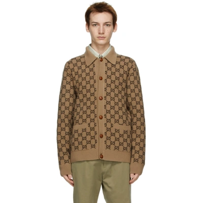 Gucci Gg Logo-jacquard Wool-blend Polo Cardigan In Neutrals