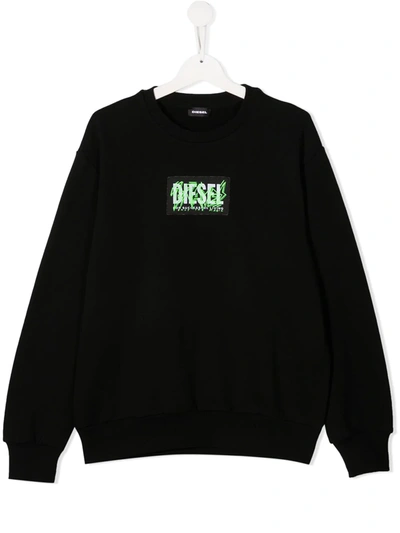 Diesel Teen Slogan Logo Patch T-shirt In Black